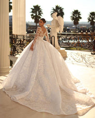 Princess-Inspired Long White A-line V-neck Lace Wedding Dress with Graceful Long Sleeves