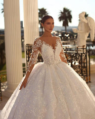 Princess-Inspired Long White A-line V-neck Lace Wedding Dress with Graceful Long Sleeves