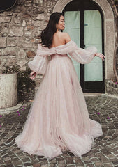 Princess Off-the-Shoulder Tulle Prom Dress/Evening Dress With Split and Sweep Train