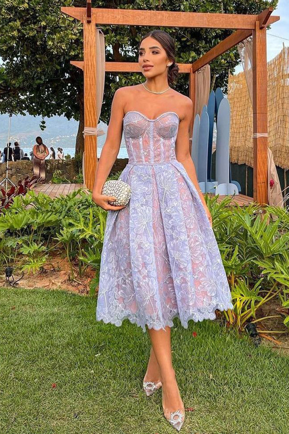 Purple Sweetheart A-Line Corset Midi Party Dress with Applique Accents Newinlook Purple Sweetheart A-Line Corset Midi Party Dress with Applique Accents Newinlook