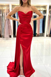 Red Strapless Prom Dress Mermaid Slit With Pleats