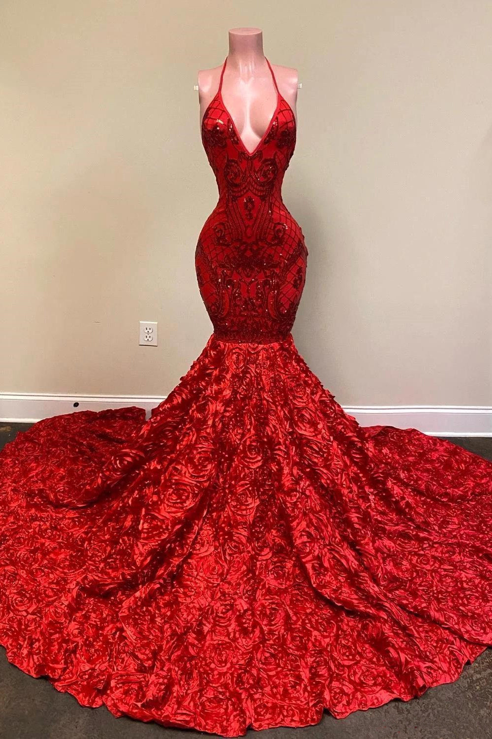 Red V Neck Mermaid Prom Dress Sequins Flowers Bottom Newinlook