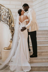 Romantic Spaghetti Strap Cap Sleeve Mermaid Satin Wedding Gown