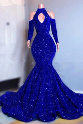 Royal Blue Sequins Prom Dress Mermaid Long Sleeves Online