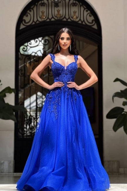 Royal Long Navy Blue Sleeveless Prom Dresses A-line Lace Evening Gowns