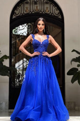 Royal Long Navy Blue Sleeveless Prom Dresses A-line Lace Evening Gowns