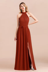 Rust Halter Long Bridesmaid Dresses Online With Front Split