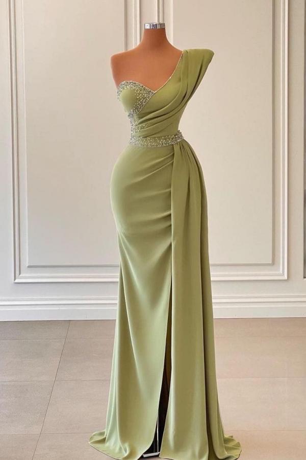 Sage Green One Shoulder Mermaid Prom Dress Long With Ruffles Newinlook Sage Green One Shoulder Mermaid Prom Dress Long With Ruffles Newinlook