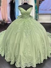 Sage Green Ball Gown with Off-Shoulder Lace Appliques & Sweep Train for Quinceanera or Sweet 16