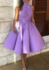 Satin Cocktail Dress Ball Gown High-Neck Tea-Length With Appliqued