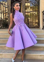 Satin Cocktail Dress Ball Gown High-Neck Tea-Length With Appliqued