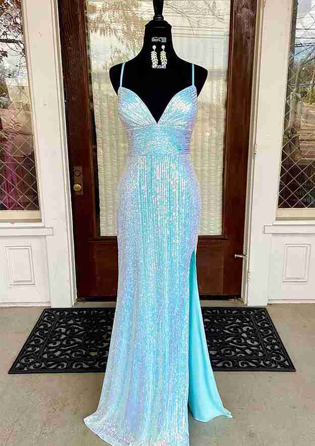 Sequin-Embellished V-Neck Sheath Prom Dress/Evening Dress with Split