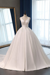 Sexy Deep-V-Neck Straps Satin Wedding Dress Ball Gown Ruffles Sleeveless Bridal Gowns Online