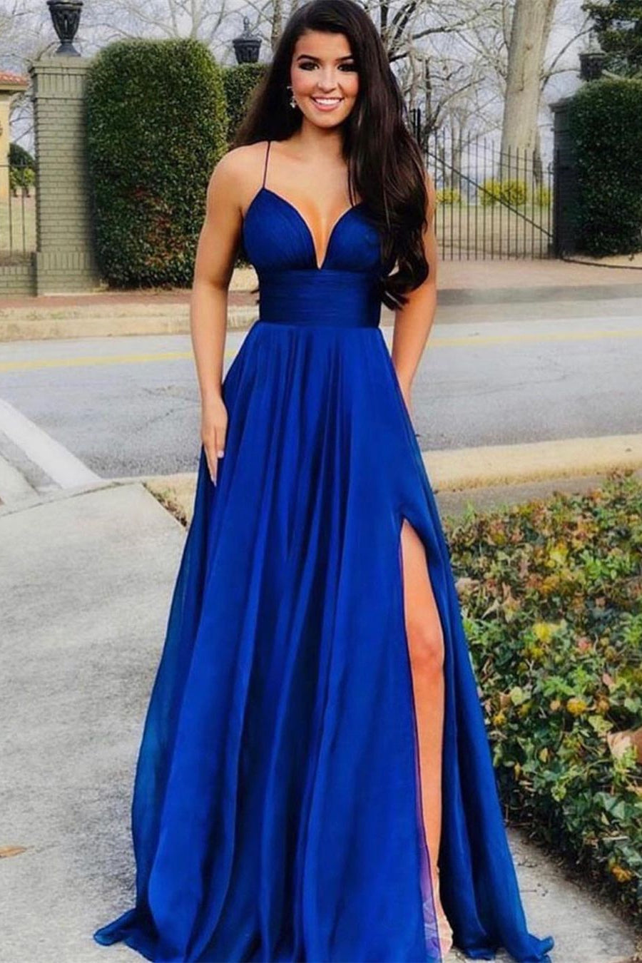 Sexy Floor-Length Sleeveless A-Line Satin Prom Dress with High Side Slit
