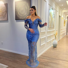 Sexy Floor-Length V-Neck Long Sleeve Sheath Mermaid Lace Prom Dress