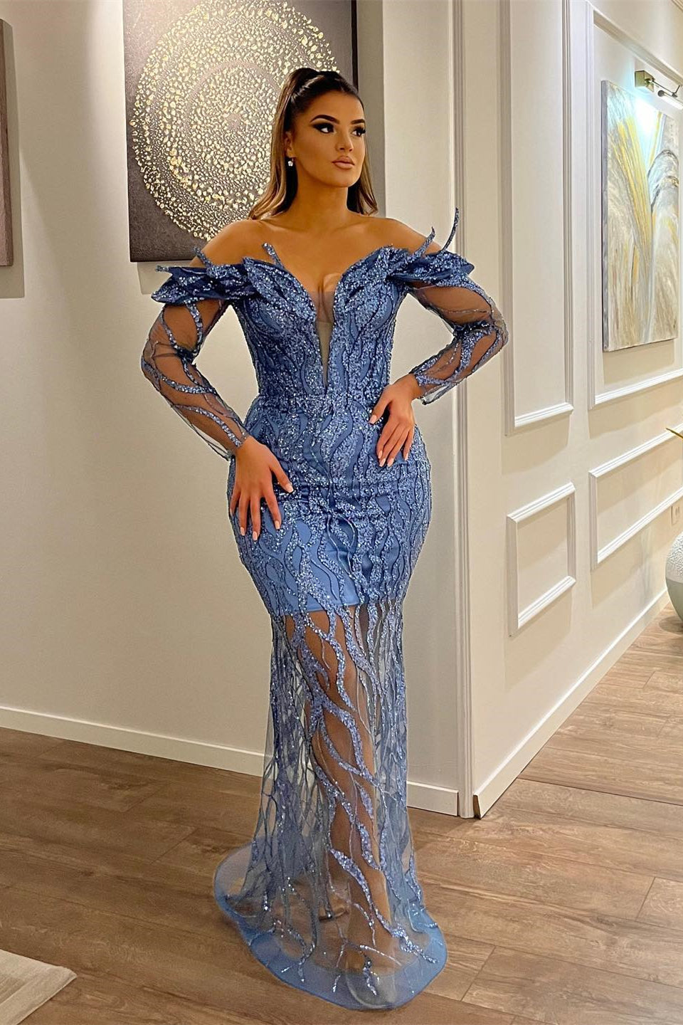 Sexy Floor-Length V-Neck Long Sleeve Sheath Mermaid Lace Prom Dress