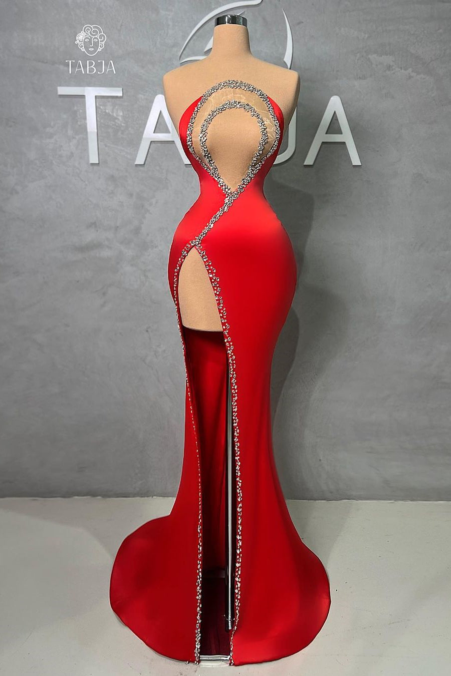 Sexy Long Red Mermaid Beaded Sleeveless Prom Gown with a Slit