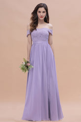 Sexy Off-the-Shoulder Lace Chiffon Ruffles Bridesmaid Dress with Slit On Sale