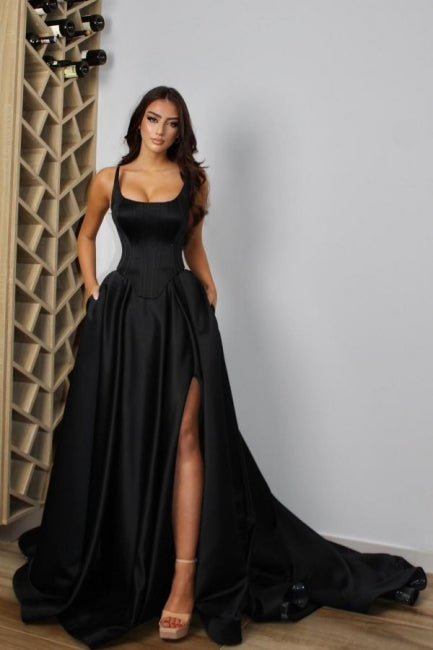 Sexy Sleeveless A-Line Satin Evening Gown with Split Front and Spaghetti Straps