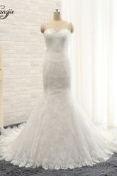 Sexy Spaghetti Straps Sleeveless Wedding Dresses With Appliques White Mermaid Lace Bridal Gowns Online