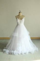Sexy Spaghetti Straps Tulle White Wedding Dress Sleeveless A-line Bridal Gowns On Sale