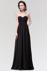 Sexy Strapless Sweetheart Long Black Chiffon Bridesmaid Dress with Ruffles