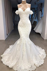 Sexy Sweetheart Off-the-shoulder White Wedding Dresses Mermaid Lace Bridal Gowns With Appliques Online