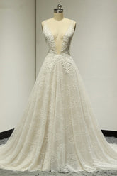Sexy Tulle Deep-V-Neck Lace Wedding Dress Sleeveless Appliques Pearls Bridal Gowns On Sale