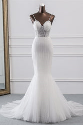 Sexy Tulle Spaghetti Straps Mermaid White Wedding Dresses with Rhinestones Online
