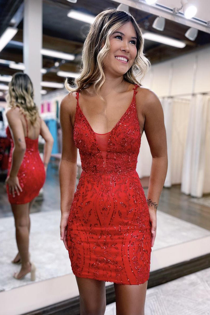 V-Neck Lace Appliqued Short Tight Homecoming Graduation Dress Newinlook V-Neck Lace Appliqued Short Tight Homecoming Graduation Dress Newinlook