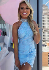 Sheath/Column High-Neck Satin Homecoming Dress With Appliqued Beading Laced