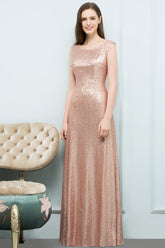 Shiny Sequined Scoop Sleeveless Champagne Bridesmaid Dress Online
