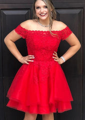 Short/Mini Homecoming Dress with Beaded A-Line Off-the-Shoulder Lace Tulle