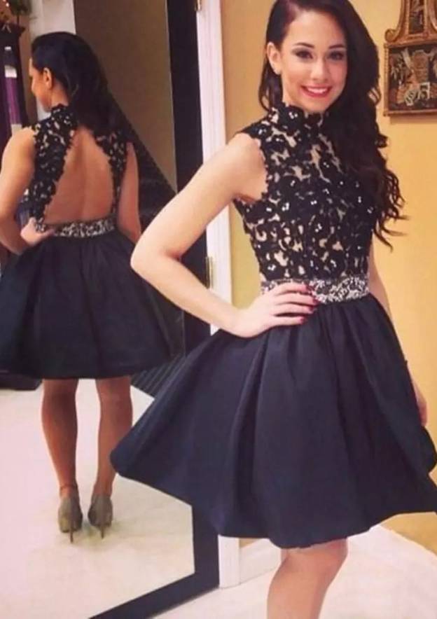 Short/Mini Satin Homecoming Dress Ball Gown With Lace High-Neck