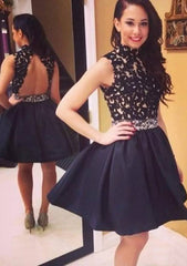 Short/Mini Satin Homecoming Dress Ball Gown With Lace High-Neck