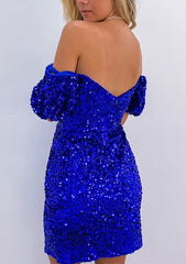 Short Sleeve Sequined Short/Mini Homecoming Dress - Sheath/Column Off-the-Shoulder