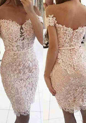 Short Sleeve Lace Homecoming Dress with Beaded Waistband - Sheath/Column Off-The-Shoulder Knee-Length