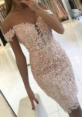Short Sleeve Lace Homecoming Dress with Beaded Waistband - Sheath/Column Off-The-Shoulder Knee-Length