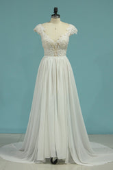 Simple Chiffon Ruffles Lace Wedding Dress Appliques Cap Sleeves V-neck Beadings Bridal Gowns On Sale