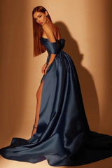Simple Long Navy Blue A-line Off-shoulder Prom Gowns With Chic Side Slit