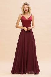 Simple Satin Chiffon Spaghetti-Straps Burgundy Long Bridesmaid Dress