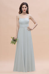 Simple Straps A-line Chiffon Mist Bridesmaid Dress with Ruffles Online