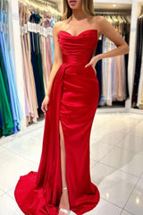 Simple Sweetheart Sleeveless Mermaid Satin Prom Dress with Split Front