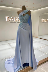 Sky Blue Mermaid Prom Dress Long One Shoulder With Ruffle
