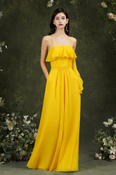 Spaghetti-Straps Bridesmaid Dress Chiffon With Pockets Ruffles