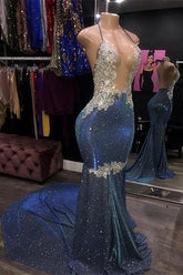 Spaghetti-Straps Mermaid Prom Dress Sleeveless Royal Blue