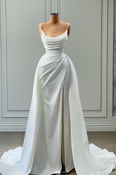 Spaghetti-Straps Mermaid Prom Dress White Long With Slit Beads
