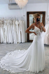 Spaghetti-Straps Open Back Wedding Dress Sleeveless With Appliques