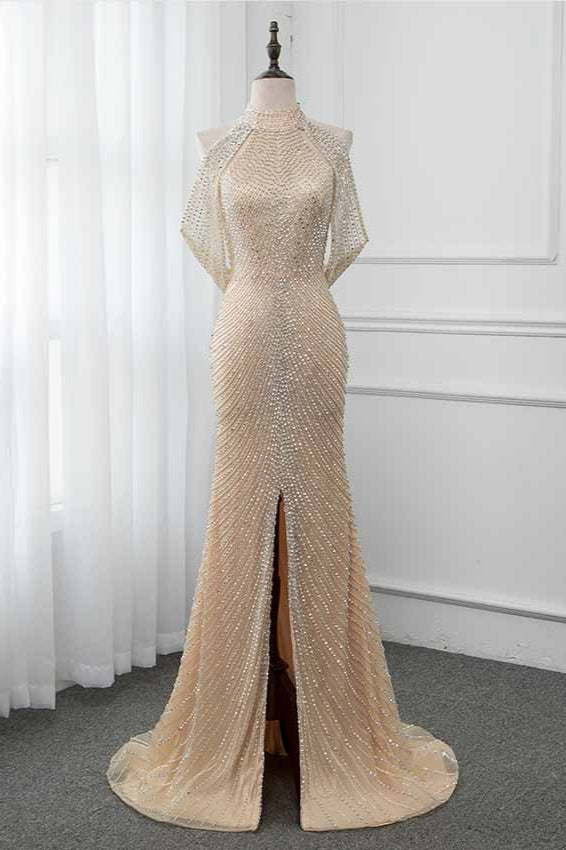 Sparkly Crystals High-Neck Prom Dresses with Front Slit Newinlook Sparkly Crystals High-Neck Prom Dresses with Front Slit Newinlook
