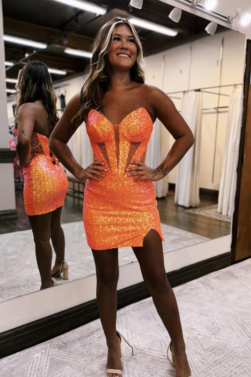Sparkly Strapless Bodycon Sequined Short Homecoming Dress with Slit Newinlook Sparkly Strapless Bodycon Sequined Short Homecoming Dress with Slit Newinlook